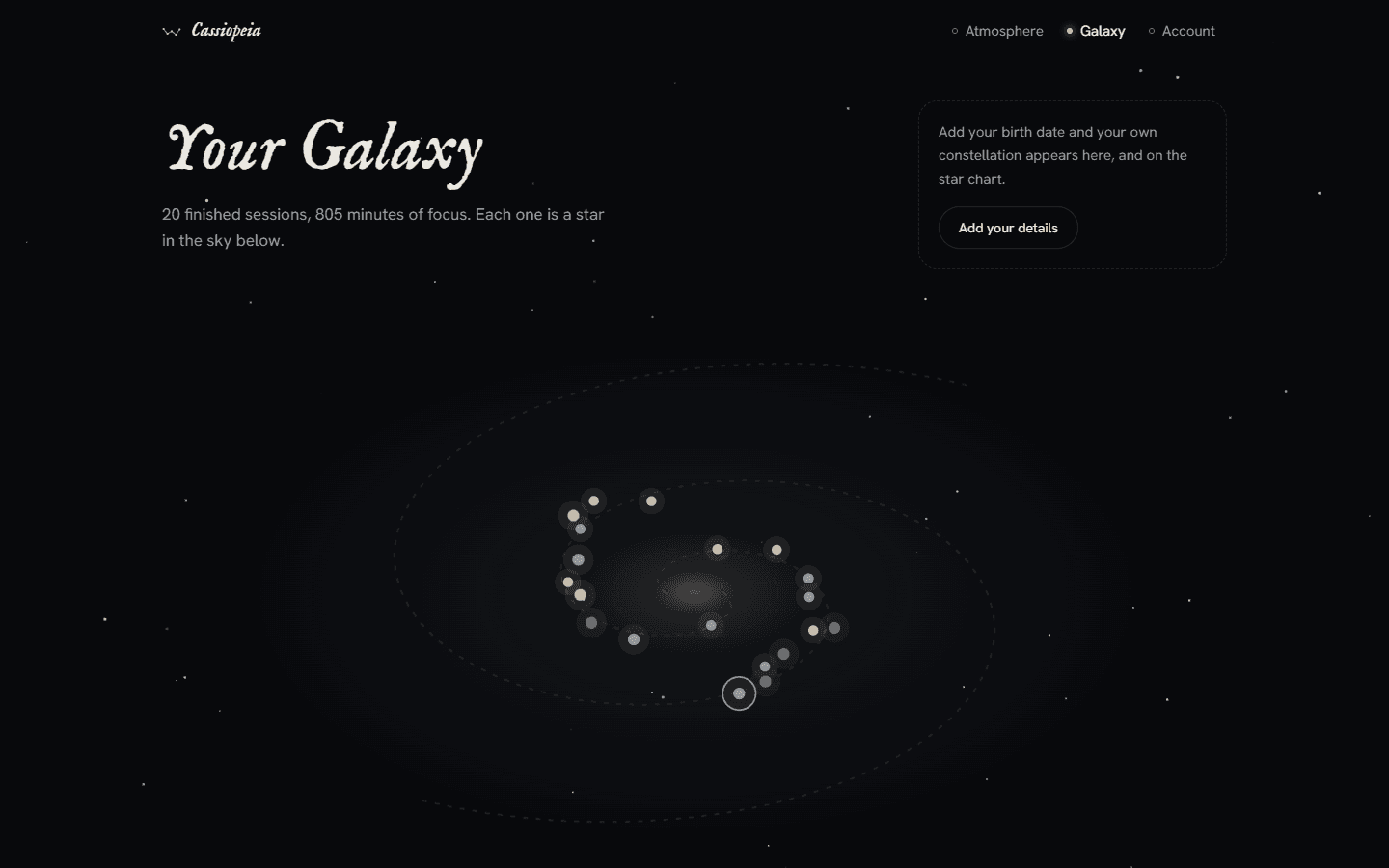 The Galaxy page: a spiral of small stars, one for each finished session, coloured by the mode it was in.